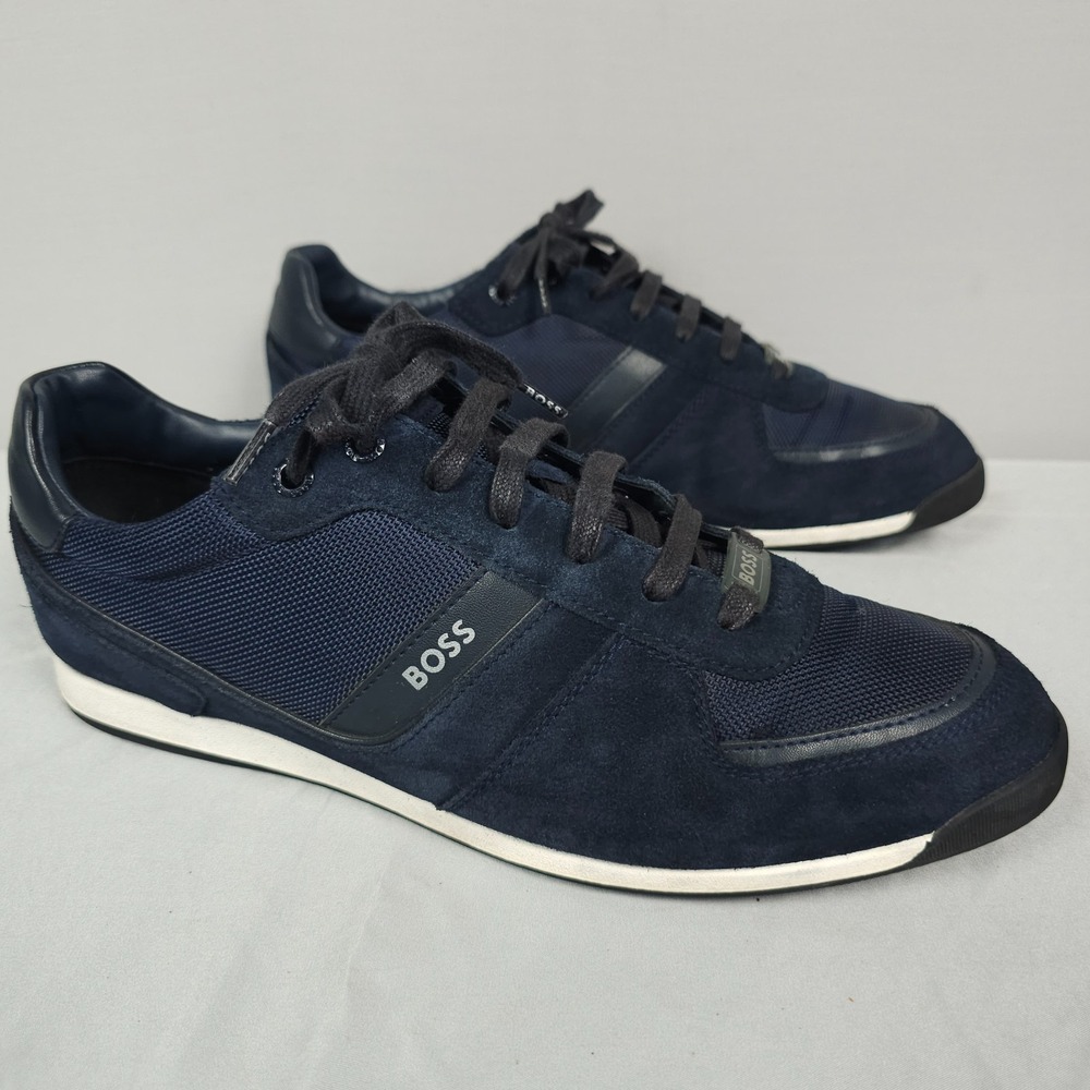 Hugo Boss Glaze Shoes Men Size 43 US 10 Navy Blue Suede Low Lace Up Sneaker